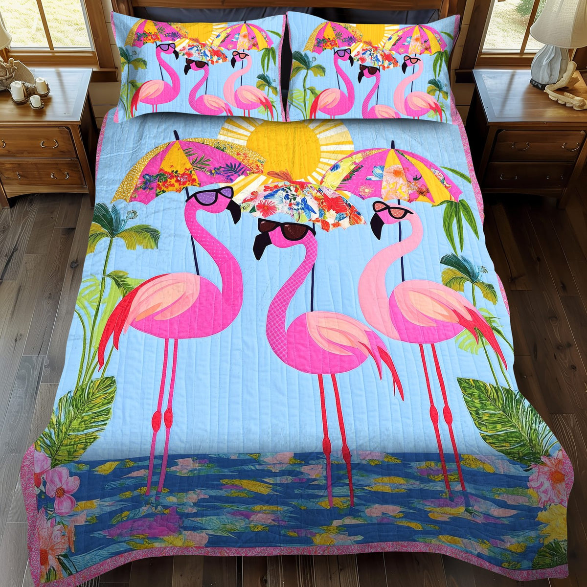 Quirky Flamingo quilted 3-piece bedding set on a made bed with two matching pillow shams