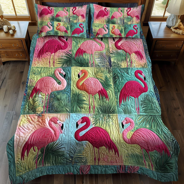 Quirky Flamingo quilted 3-piece bedding set on a made bed with two matching pillow shams