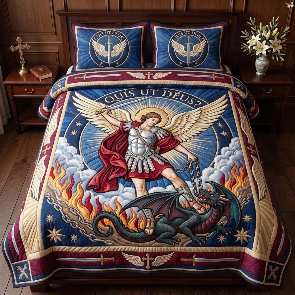 Quis Ut Deus Triumph quilted 3-piece bedding set on a made bed with two matching pillow shams