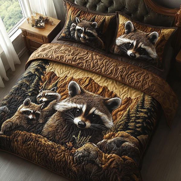 Raccoon Family quilted 3-piece bedding set on a made bed with two matching pillow shams