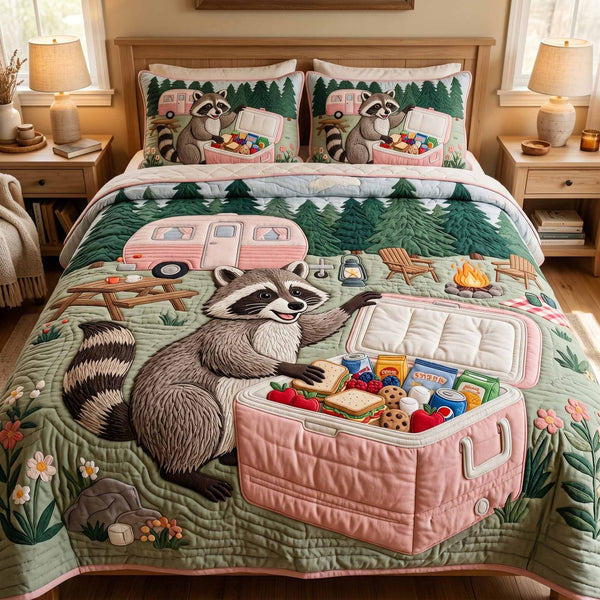 Raccoon Picnic quilted 3-piece bedding set on a made bed with two matching pillow shams