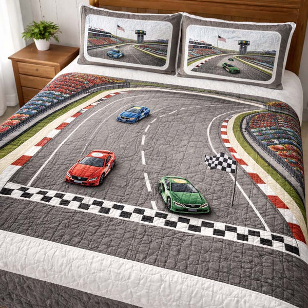 Race Track quilted 3-piece bedding set on a made bed with two matching pillow shams