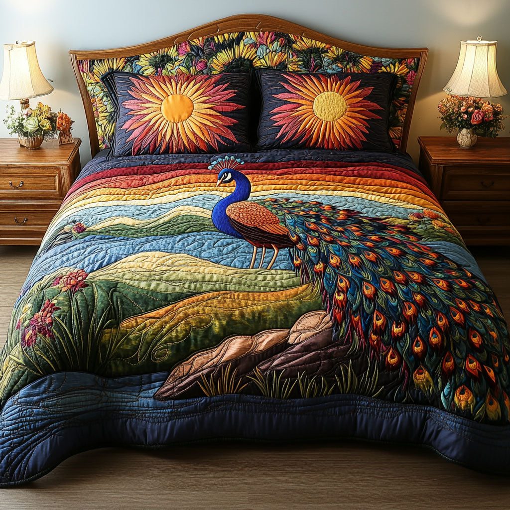 Radiance Across the Landscape quilted 3-piece bedding set on a made bed with two matching pillow shams