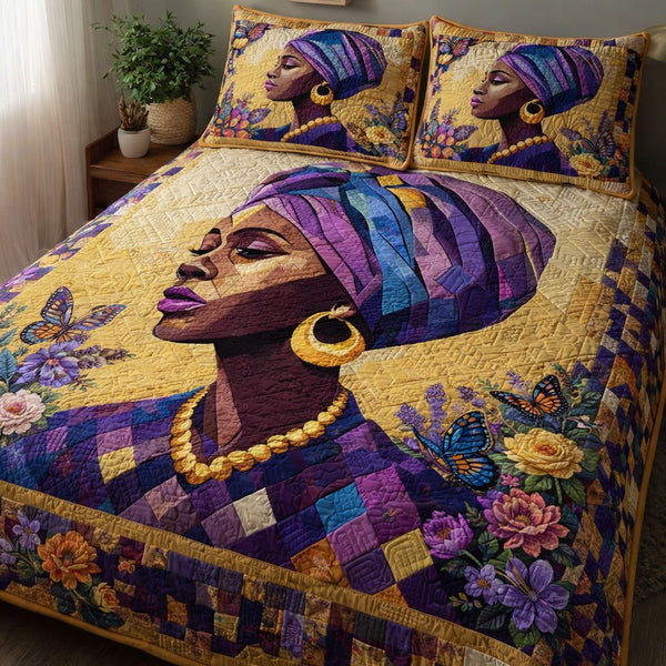 Radiant African Muse quilted 3-piece bedding set on a made bed with two matching pillow shams