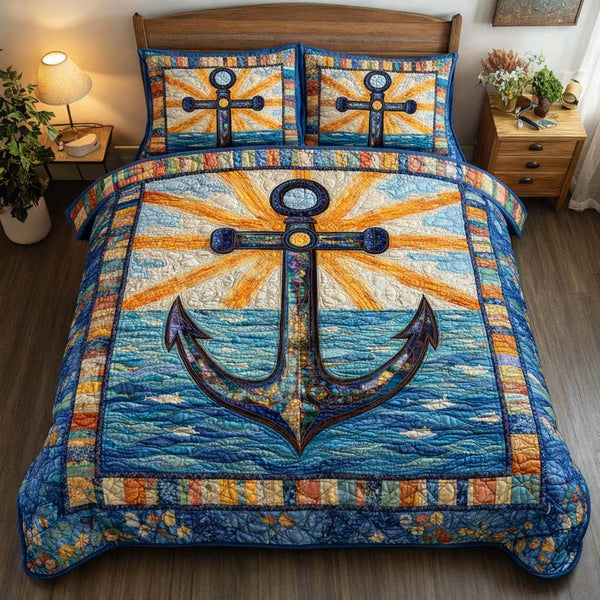 Radiant Anchor quilted 3-piece bedding set on a made bed in a light coastal bedroom