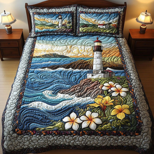 Radiant Beacon quilted 3-piece bedding set on a made bed with two matching pillow shams