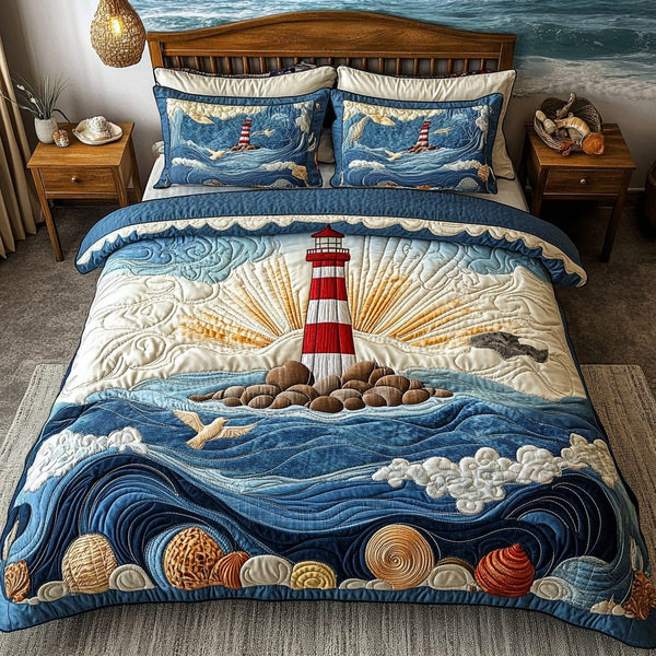 Radiant Beacon quilted 3-piece bedding set on a made bed with two matching pillow shams