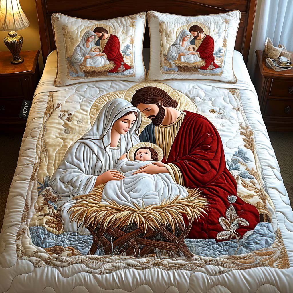 Radiant Blessing quilted 3-piece bedding set on a made bed with two matching pillow shams