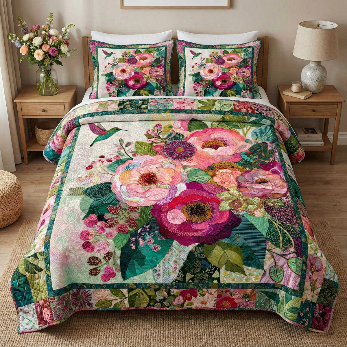 Radiant Bloom quilted 3-piece bedding set on a made bed with two matching pillow shams