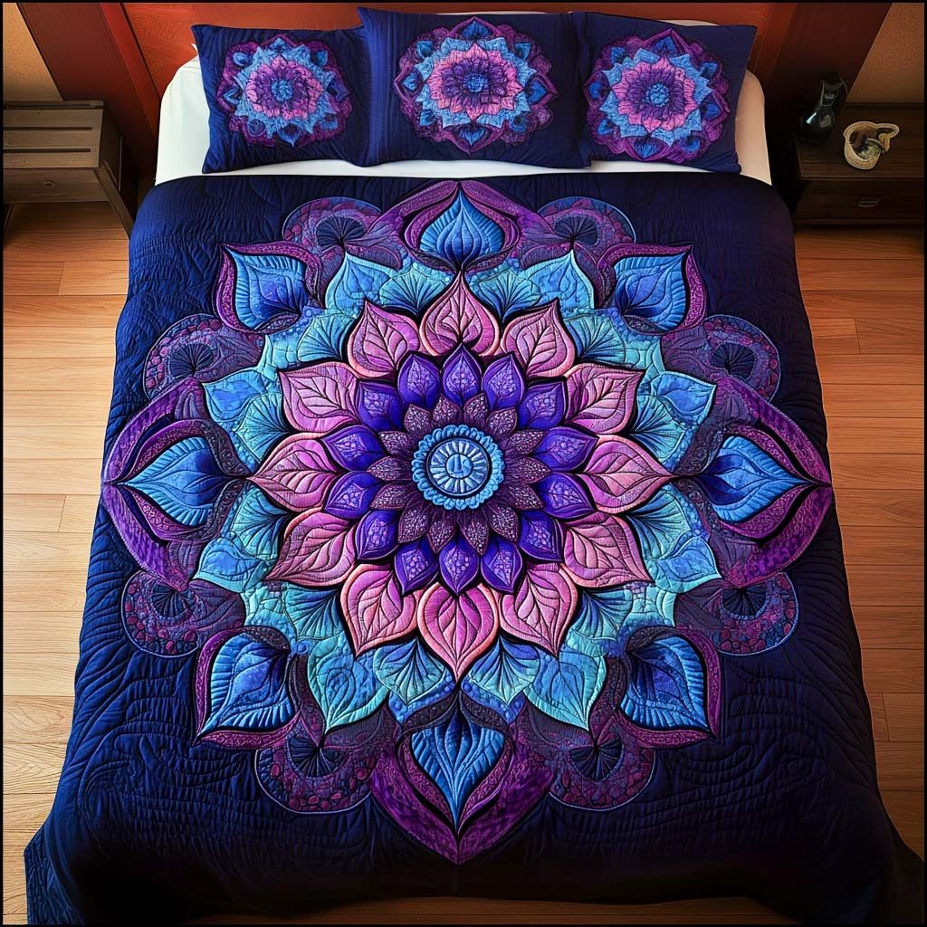 Radiant Bloom quilted 3-piece bedding set on a made bed with two matching pillow shams