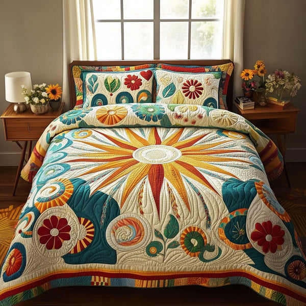 Radiant Bloomscape quilted 3-piece bedding set on a made bed with two matching pillow shams