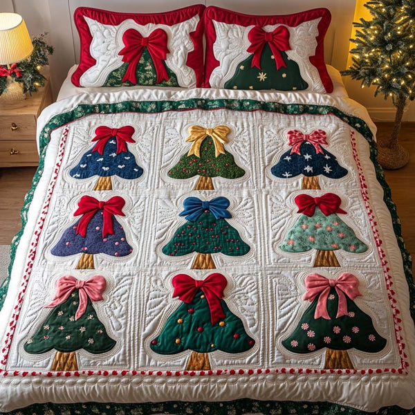 Radiant Boughs quilted 3-piece bedding set on a made bed with two matching pillow shams