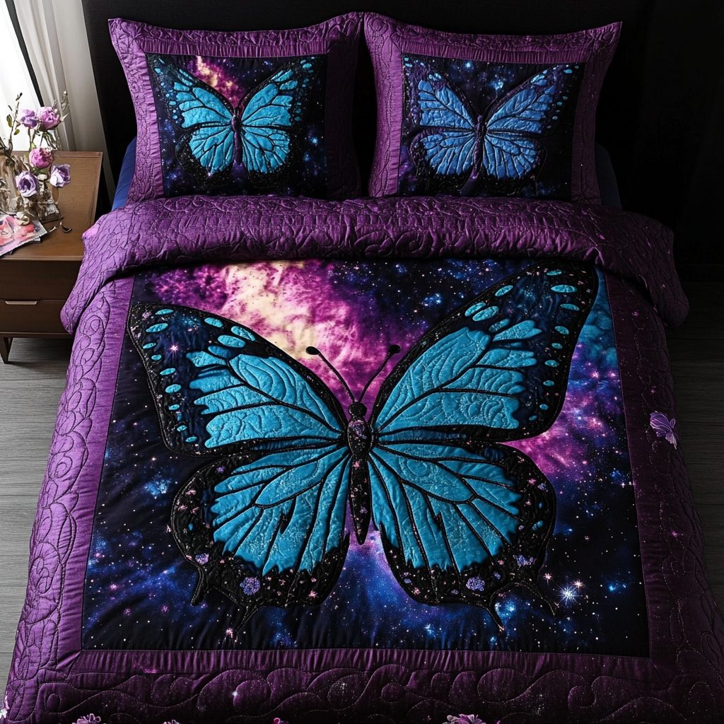 Radiant Butterfly quilted 3-piece bedding set on a made bed with two matching pillow shams
