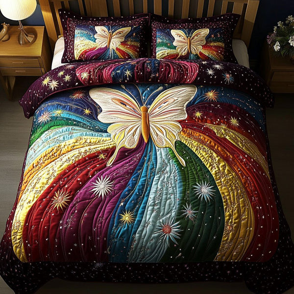Radiant Butterfly quilted 3-piece bedding set on a made bed with two matching pillow shams