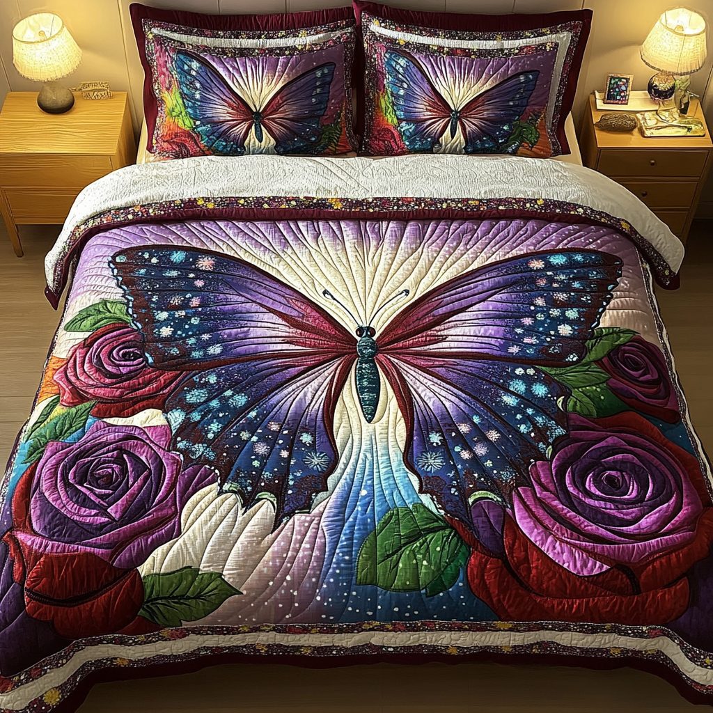 Radiant Butterfly quilted 3-piece bedding set on a made bed with two matching pillow shams