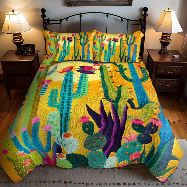 Radiant Cactus Oasis quilted 3-piece bedding set on a made bed with two matching pillow shams