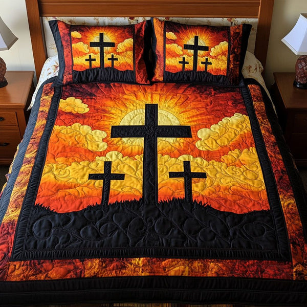Radiant Cross Glow quilted 3-piece bedding set on a made bed in a softly lit bedroom