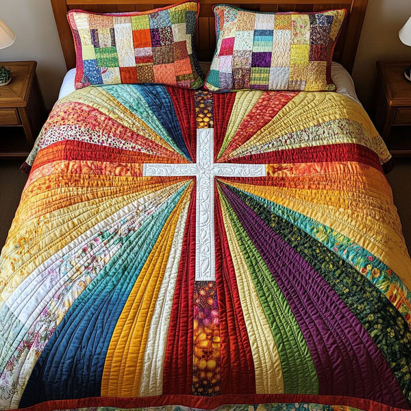 Radiant Cross quilted 3-piece bedding set on a made bed in a softly lit bedroom