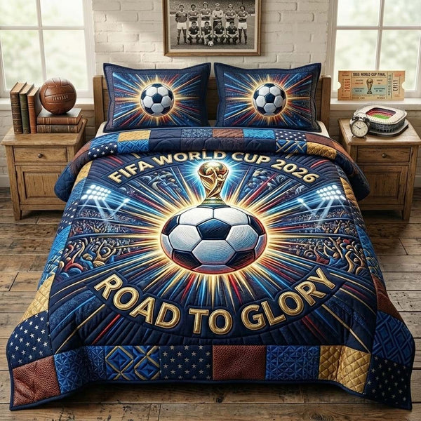 Radiant Cup Glory quilted 3-piece bedding set on a made bed with two matching pillow shams
