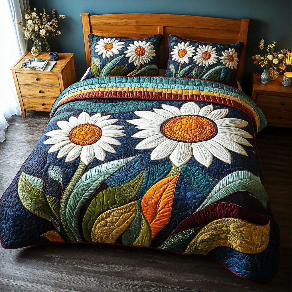 Radiant Daisies quilted 3-piece bedding set on a made bed with two matching pillow shams