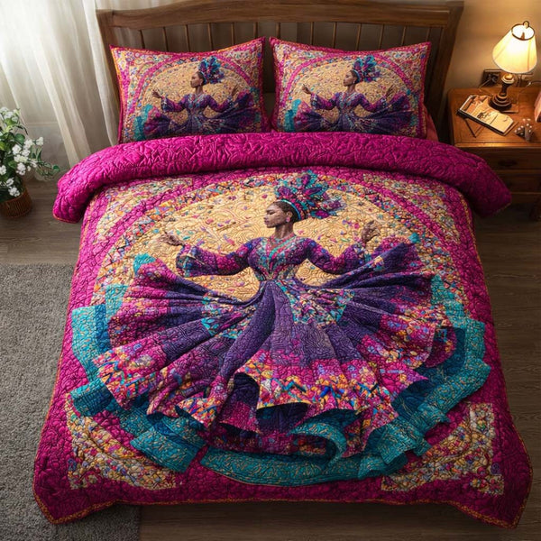 Radiant Dance quilted 3-piece bedding set on a made bed with two matching pillow shams