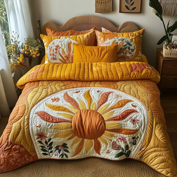 Radiant Day quilted 3-piece bedding set on a made bed with two matching pillow shams