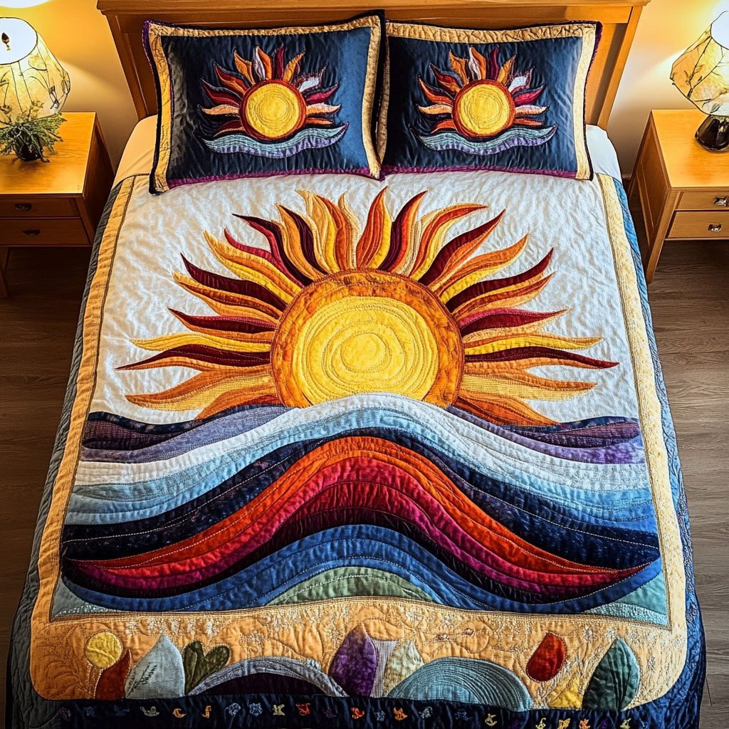 Radiant Days quilted 3-piece bedding set on a made bed with two matching pillow shams