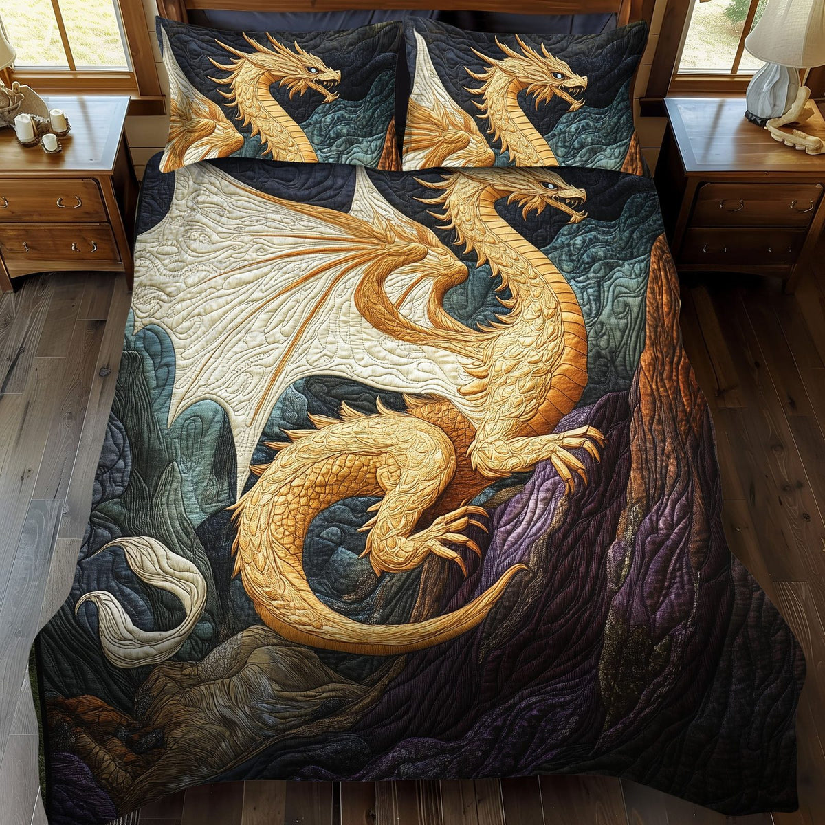 Radiant Drakon quilted 3-piece bedding set on a made bed with two matching pillow shams