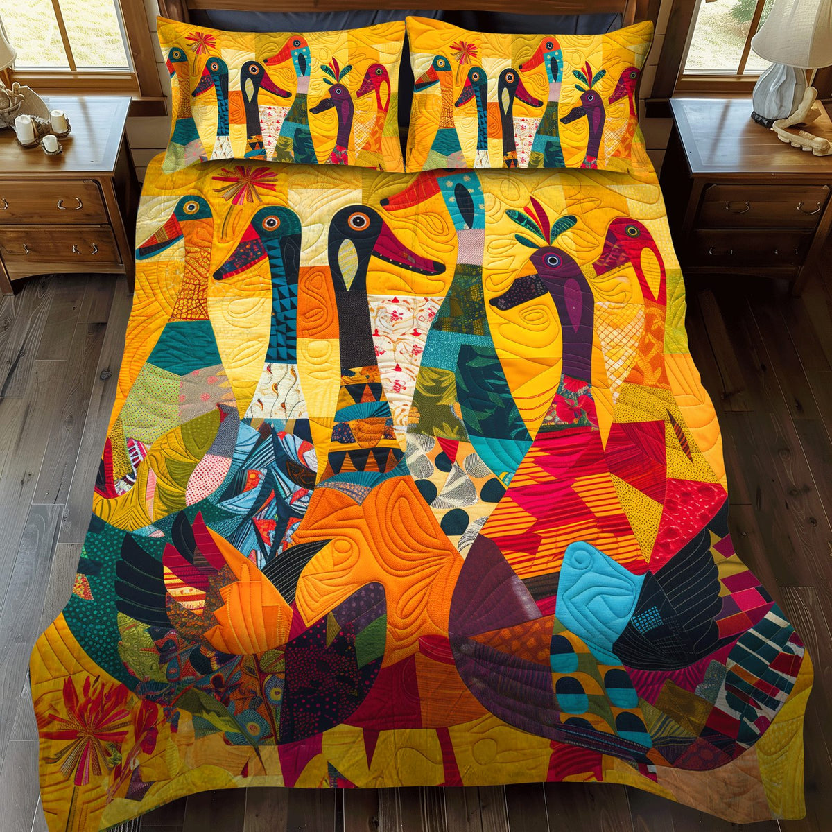 Radiant Duck quilted 3-piece bedding set on a made bed with two matching pillow shams