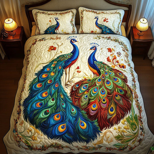 Radiant Elegance quilted 3-piece bedding set on a made bed with two matching pillow shams