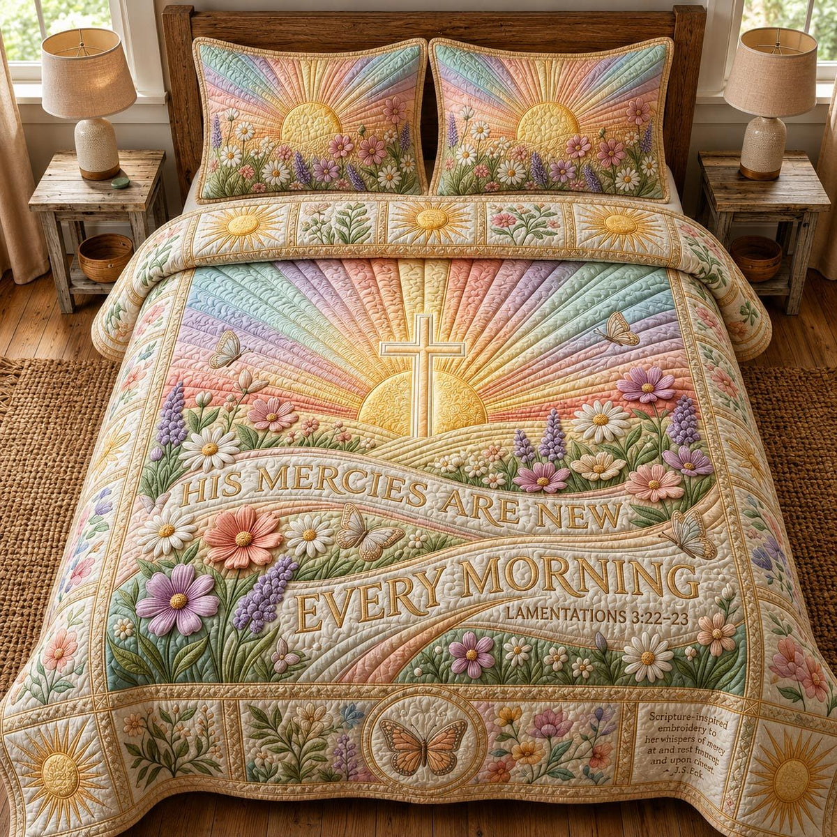 Radiant Faith quilted 3-piece bedding set on a made bed in a softly lit bedroom