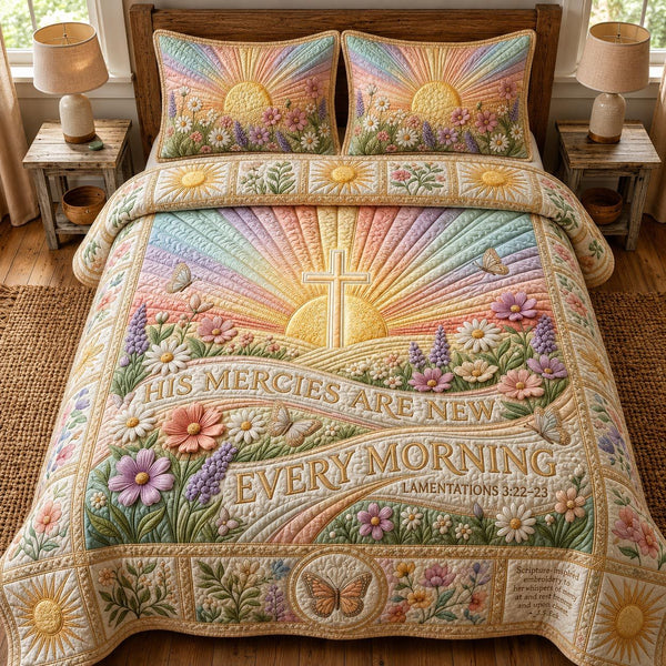 Radiant Faith quilted 3-piece bedding set on a made bed in a softly lit bedroom