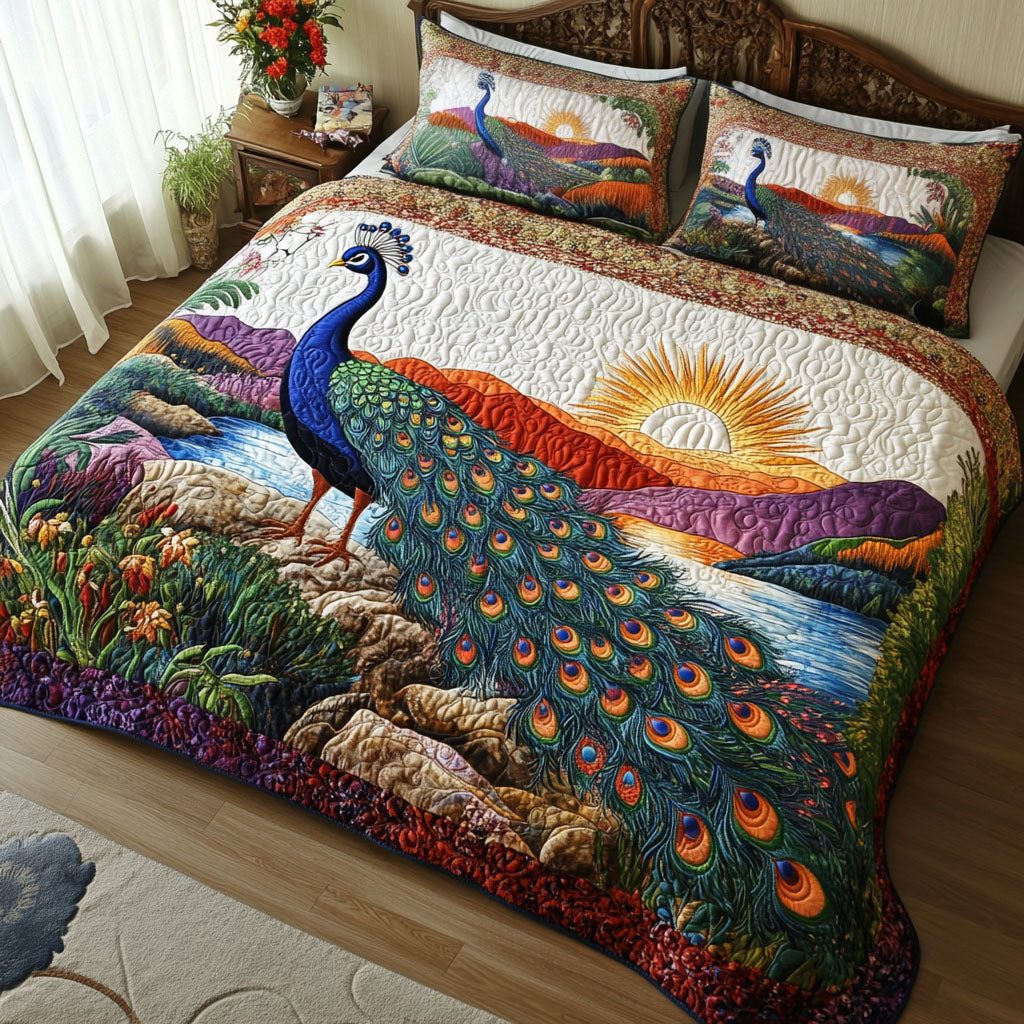 Radiant Feathered Horizon quilted 3-piece bedding set on a made bed with two matching pillow shams
