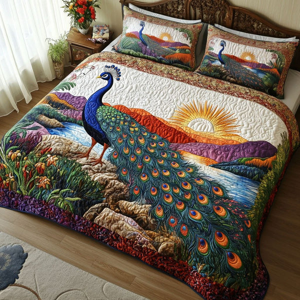 Radiant Feathered Horizon quilted 3-piece bedding set on a made bed with two matching pillow shams
