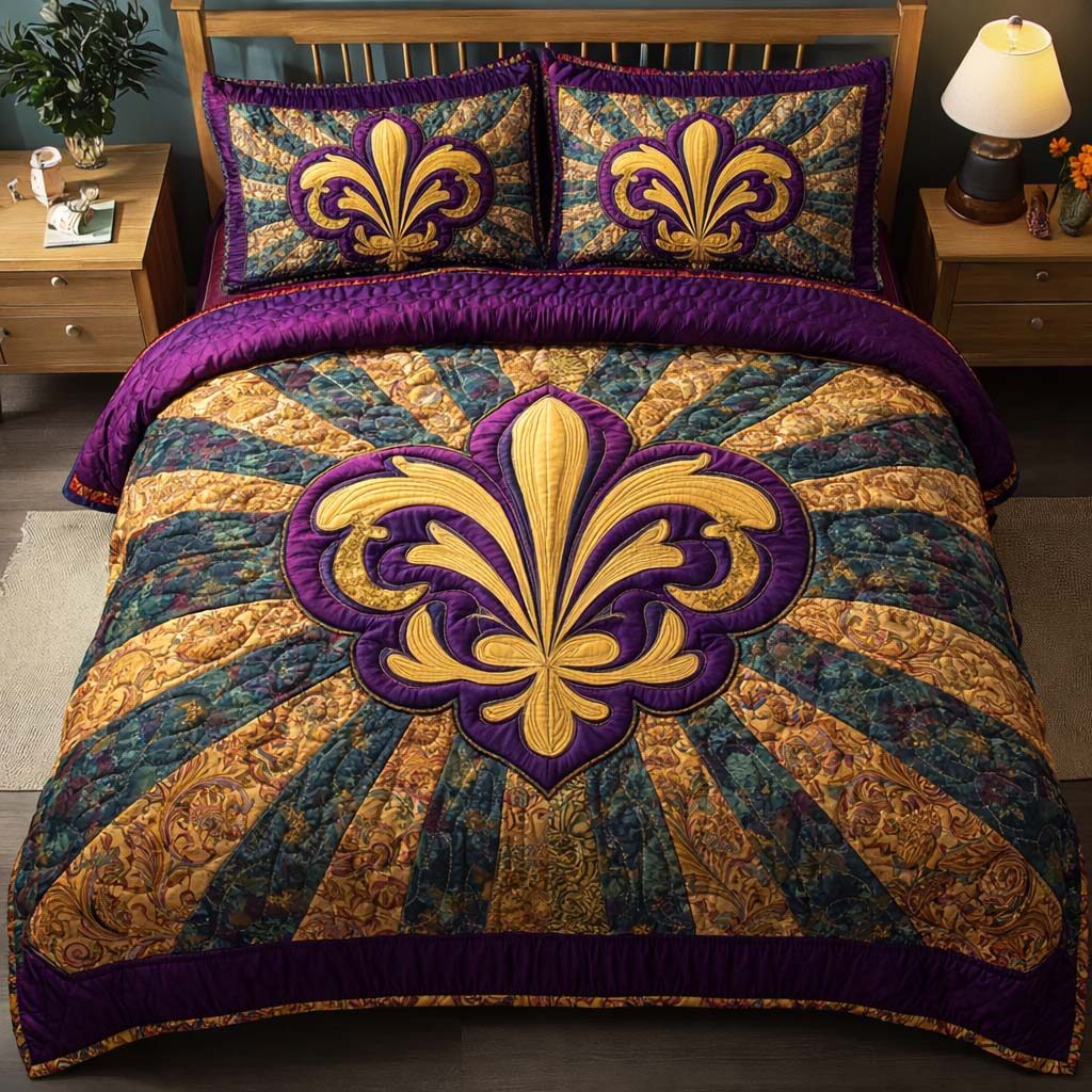 Radiant Fleur quilted 3-piece bedding set on a made bed with two matching pillow shams