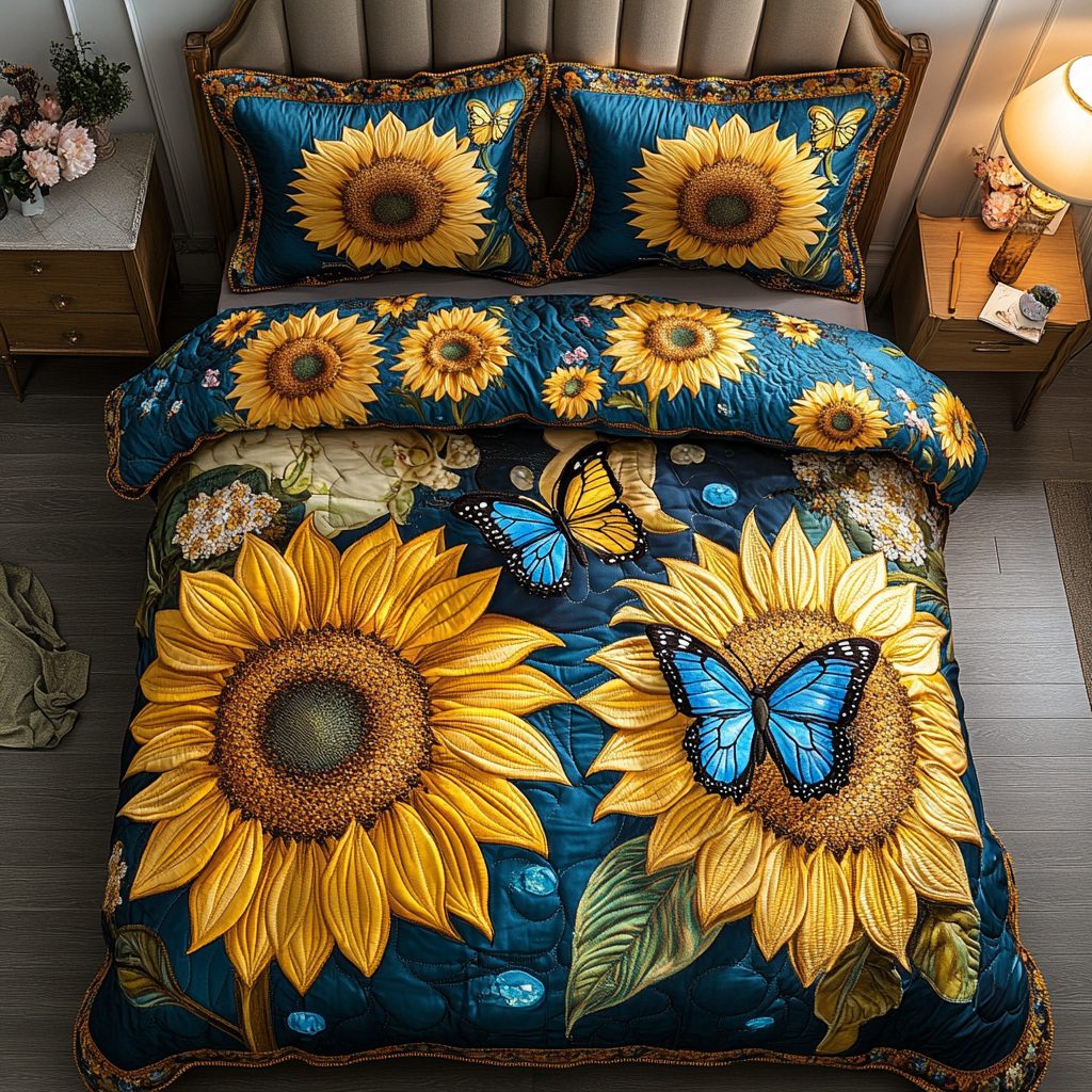 Radiant Flight quilted 3-piece bedding set on a made bed with two matching pillow shams