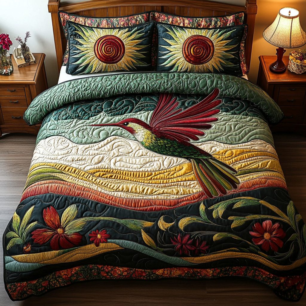 Radiant Flight quilted 3-piece bedding set on a made bed with two matching pillow shams