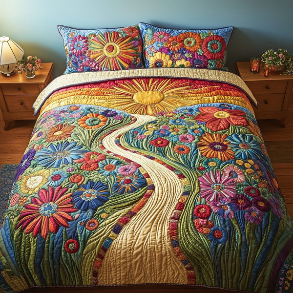 Radiant Floral Journey quilted 3-piece bedding set on a made bed with two matching pillow shams