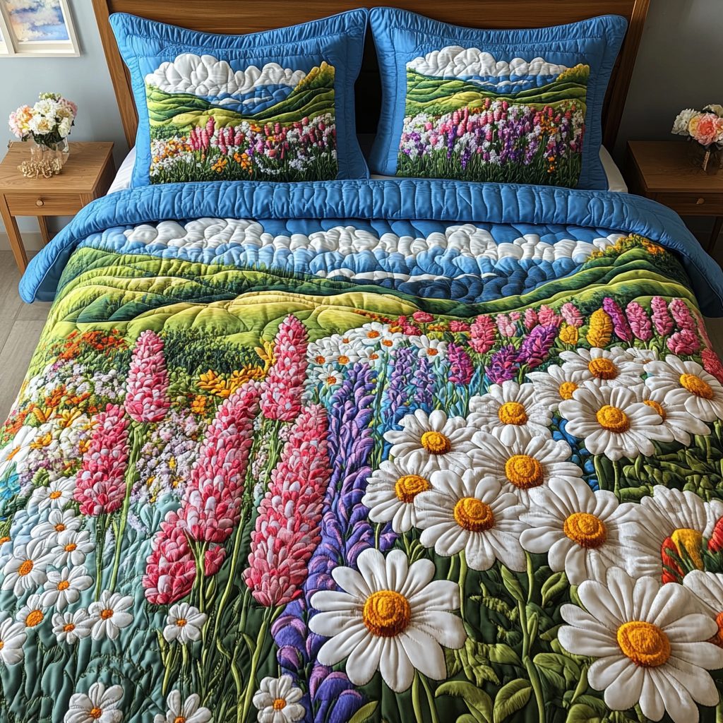 Radiant Flower Meadow quilted 3-piece bedding set on a made bed with two matching pillow shams