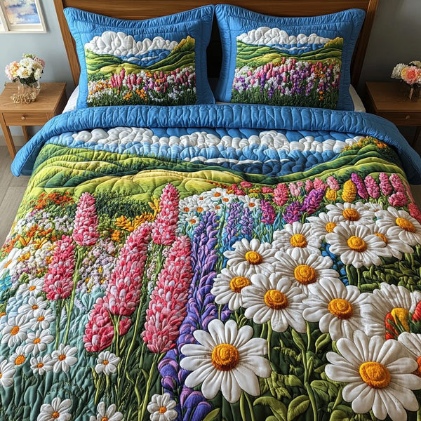 Radiant Flower Meadow quilted 3-piece bedding set on a made bed with two matching pillow shams