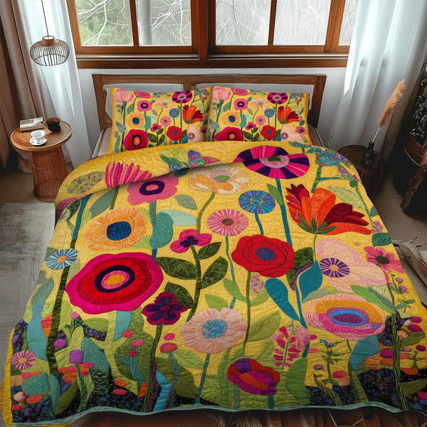 Radiant Flowers quilted 3-piece bedding set on a made bed with two matching pillow shams