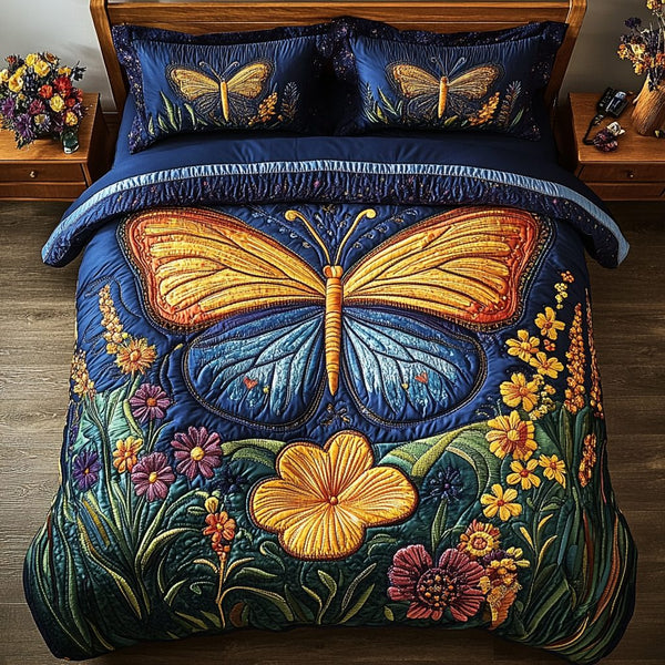 Radiant Flutter quilted 3-piece bedding set on a made bed with two matching pillow shams