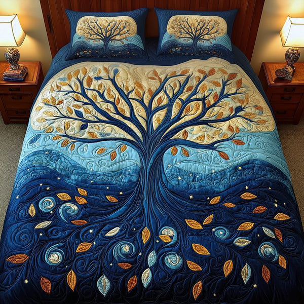 Radiant Forest quilted 3-piece bedding set on a made bed with two matching pillow shams