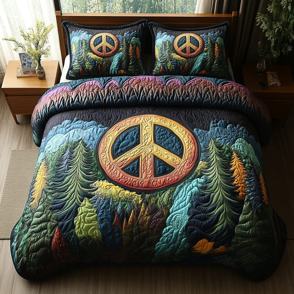 Radiant Forest Souls quilted 3-piece bedding set on a made bed with two matching pillow shams