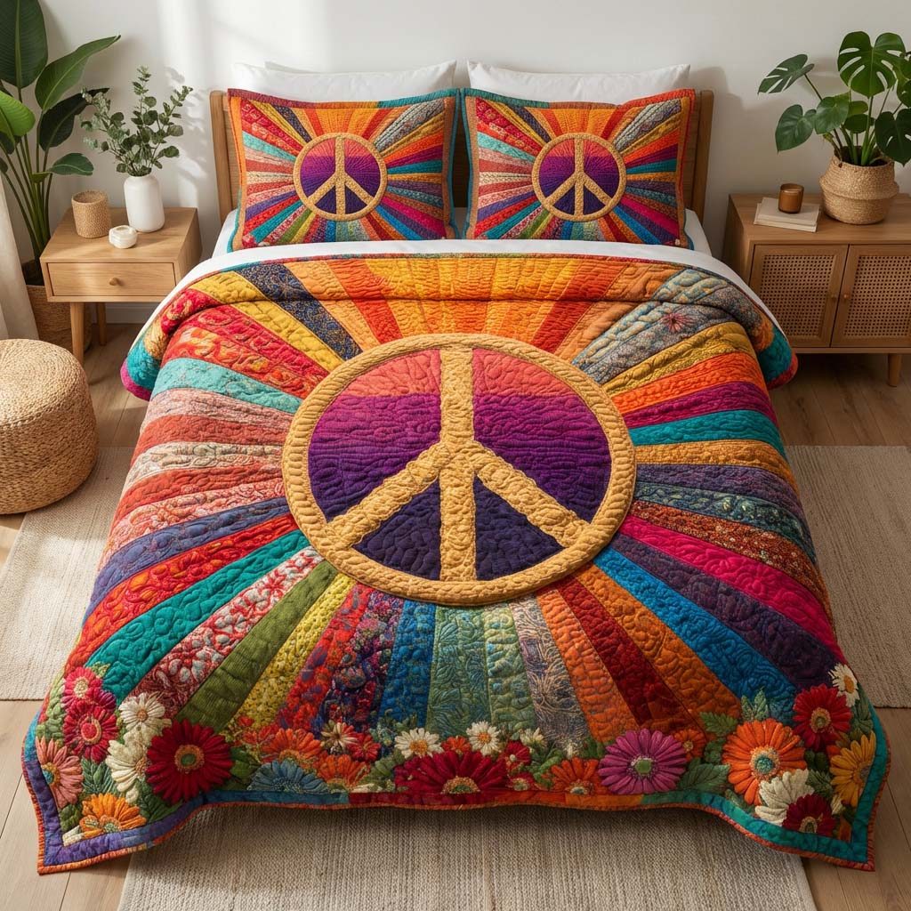 Radiant Freedom quilted 3-piece bedding set on a made bed in a warmly lit bedroom