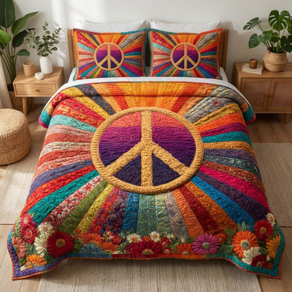 Radiant Freedom quilted 3-piece bedding set on a made bed in a warmly lit bedroom