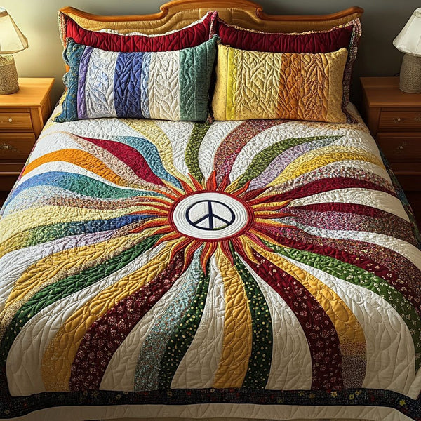 Radiant Freedom quilted 3-piece bedding set on a made bed in a warmly lit bedroom
