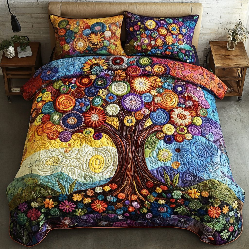 Radiant Garden quilted 3-piece bedding set on a made bed with two matching pillow shams