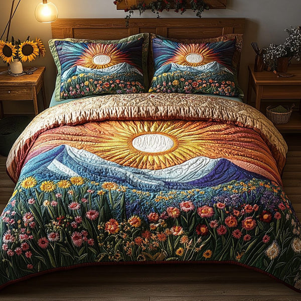 Radiant Garden quilted 3-piece bedding set on a made bed with two matching pillow shams