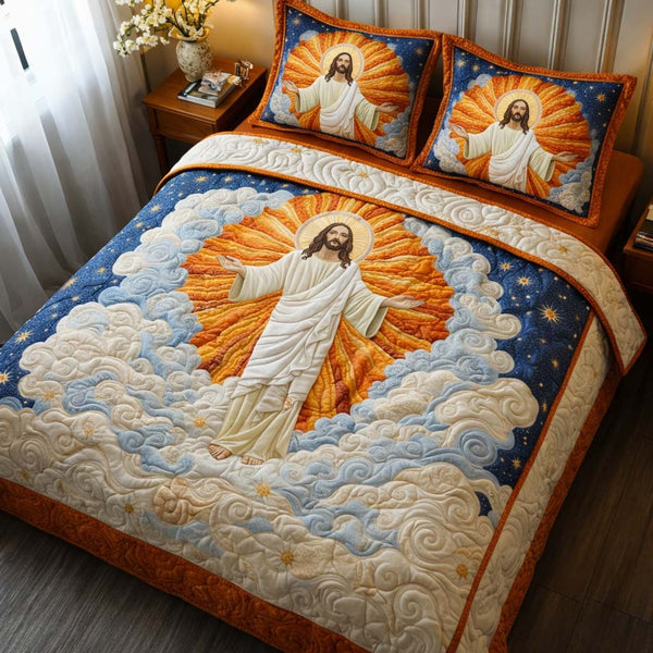 Radiant Glory quilted 3-piece bedding set on a made bed with two matching pillow shams